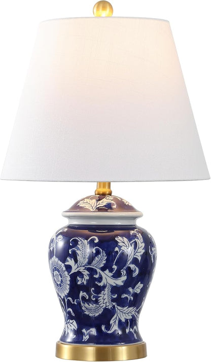 JONATHAN Y JYL3005D 22" French Country Ginger Jar Table Lamp, Navy and White Chinoiserie Ceramic Bedside Lamp for Living Room, Traditional Bedroom Nightstand with White Linen Shade, LED Bulb Included