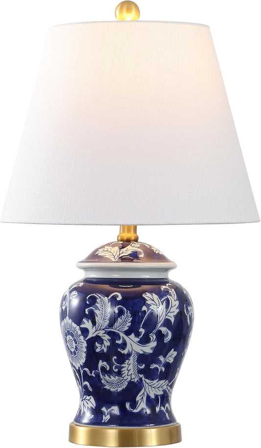 JONATHAN Y JYL3005D 22" French Country Ginger Jar Table Lamp, Navy and White Chinoiserie Ceramic Bedside Lamp for Living Room, Traditional Bedroom Nightstand with White Linen Shade, LED Bulb Included