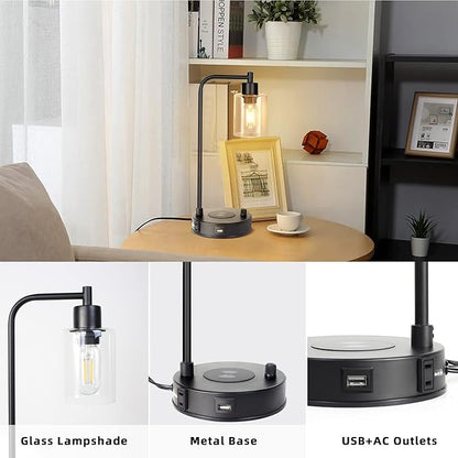 Industrial Table Lamp with Wireless Charing, Fully Stepless Dimmable Lamps Nightstand Lamps, Desk Lamp with Glass Shade Reading Lamp for Office Living Room (Black)