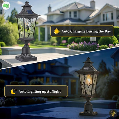 Solar Lamp Post Light Aluminum 20.7 Inch Height Large Size Solar Pole Lights with Water Ripple Handmade Solder Glass Waterproof Black Finish Include Remote Control and LED Bulb