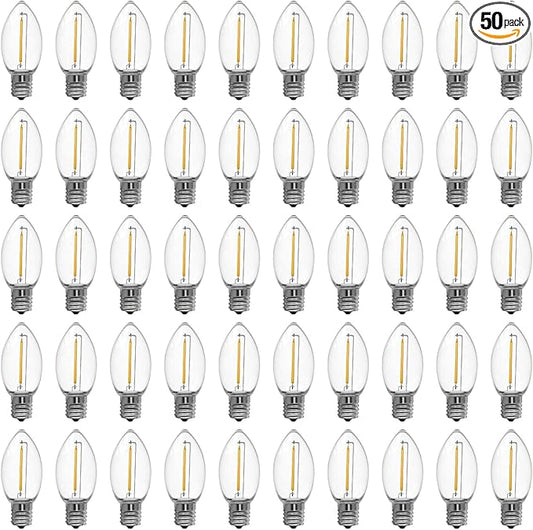 Meconard C9 Led Replacement Christmas Light Bulbs, C9 Shatterproof Plastic Led Bulbs for Christmas Outdoor String Lights, E17 Intermediate Base, Commercial Grade Holiday Bulbs, Warm White, 50 Pack