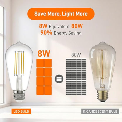 Kawaya E26 LED Edison Bulbs: 8W Equivalent 80W Dimmable LED Bulbs - Vintage ST58 4000k ‎Neutral White - 800 Lumens High Brightness Filament Bulbs with 90+ CRI - Clear Glass, 12 Pack