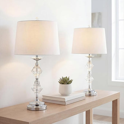 JONATHAN Y JYL2037A-SET2 27.5" Modern Glam Crystal Table Lamp Set of 2 for Bedroom Living Room, Traditional Stacked Crystal Bedside Nightstand Lamp with White Drum Shade, Clear/Chrome