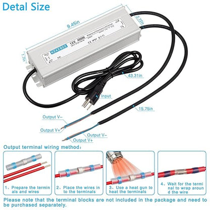 LED Driver 12V400W Waterproof Power Transformer 90-130V AC to DC 12V33.3A Switching Power Supply IP67 with 3-pin Plug Suitable for Indoor and Outdoor LED Lighting and Any 12V DC LED