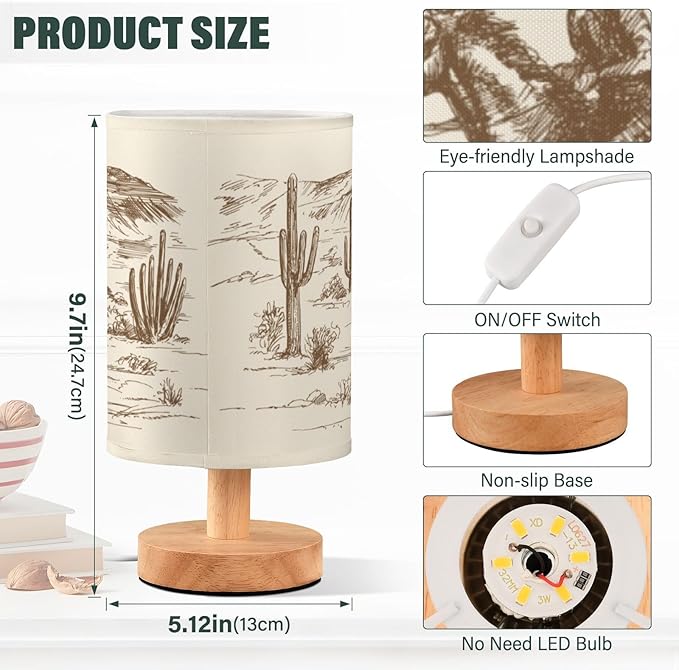 Bedside Lamp Western Desert Cowboy Table Lamp for Bedroom LED Nightstand Lamp Shade USB Ports Wood Base for Living Room Dorm Office