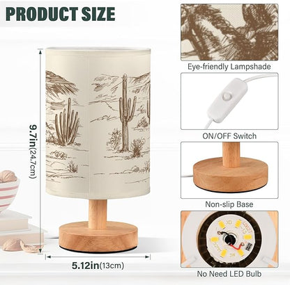 Bedside Lamp Western Desert Cowboy Table Lamp for Bedroom LED Nightstand Lamp Shade USB Ports Wood Base for Living Room Dorm Office