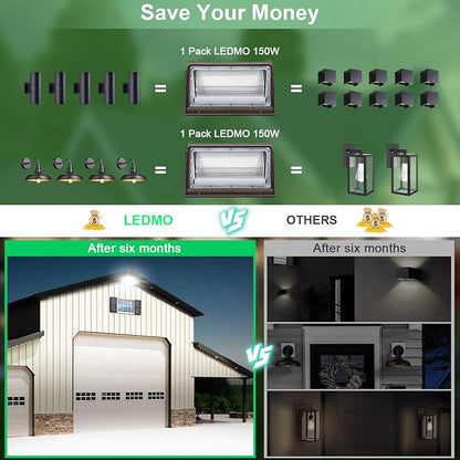 ledmo LED Wall Pack Light 150w Waterproof Ultra Bright Outdoor Lights Wall Mount 5000K 21000lm Commercial and Industrial Security Flood Lighting Exterior Fixture 100-277V Equivalent Energy Save