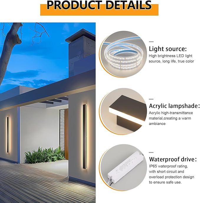 Modern Outdoor Wall Light, 47inch Exterior Lighting Fixture Wall Mount,Black IP65 Waterproof Porch Lights Wall Sconce,3000K Long LED Linear Outside Lighting for Garage, House,Front Door