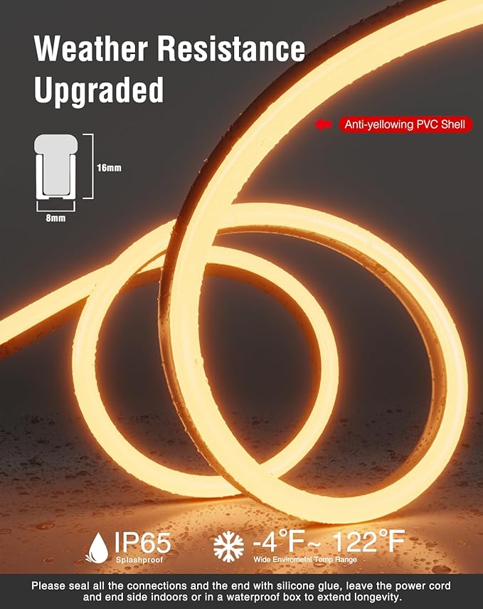 Shine Decor LED Neon Rope Lights AC 120V, Expandable & Cuttable 120LEDs/M Bright Strip Lighting, ETL Cold-Resistant & IP65 Waterproof for Indoor Outdoor, 8x16mm, 2500K Warm White, 98.4ft