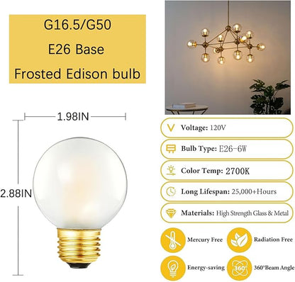 Frosted G16.5 LED Light Bulb, Dimmable Wall sconces Edison Bulb,6W (60W Equivalent), 2700K, E26 Globe Light Bulb for Ceiling Fans, Chandeliers, Vanity, G50, 6Pack (6W-2700K)