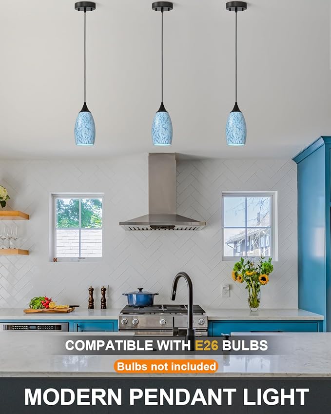 ANYLOVE Vintage Art Blue-White Pendant Lighting,1-Pack Hand Glass Hanging Light Fixture,Adjustable Cord for Kitchen,Hallway,Dining Room
