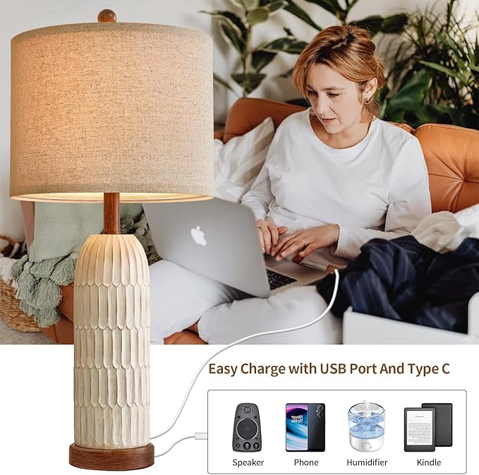 OYEARS 26.5" Table Lamps Set of 2 with USB A+C Charging Ports for Bedroom Living Room Farmhouse Bedside End Lamps Rustic Nightstand Lamps, Brown