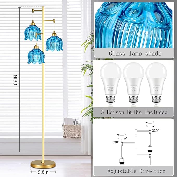 Glass Floor Lamp for Living Room,Bedroom,Gold Mid Century Modern Standing Lamp Brass Tree 3 Light Tall Floor Lamps Vintage Retro Floor Lights Flower Lamp Shade Farmhouse Boho Bohemian