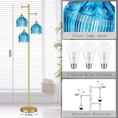 Glass Floor Lamp for Living Room,Bedroom,Gold Mid Century Modern Standing Lamp Brass Tree 3 Light Tall Floor Lamps Vintage Retro Floor Lights Flower Lamp Shade Farmhouse Boho Bohemian