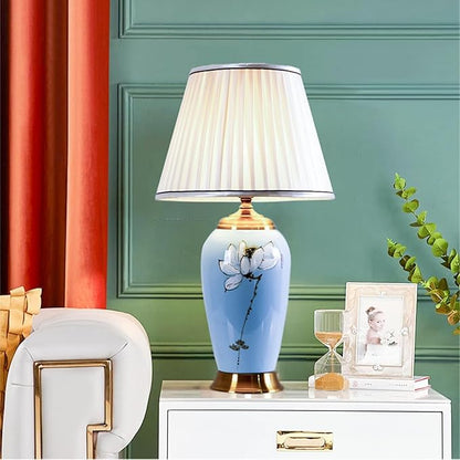 Blue Ceramic Table Lamp with White Fabric Lamp Shade Vintage Lamps with Flower and Bird Patterns，Traditional Home Decor Ceramic Table Lamp for Living Room Bedroom Nightstand Home Office
