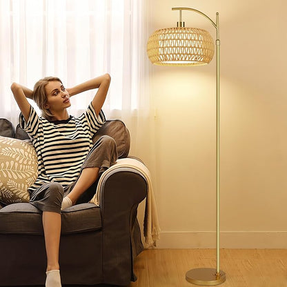 Gold Floor Lamps for Living Room Rattan Boho Floor Lamp with Remote Control & 3 Color Temperature,Dimmable Arc Floor Lamps Brass Standing Lamp Tall Floor Lamp for Bedroom Living Room Corner