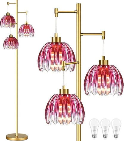 Pink Floor Lamp for Living Room,Bedroom,Gold Mid Century Modern Standing Lamp Brass Tree 3 Light Tall Floor Lamps Vintage Retro Floor Lights Glass Flower Lamp Shade Farmhouse Boho Bohemian