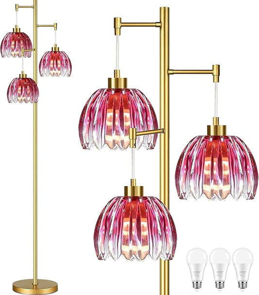 Pink Floor Lamp for Living Room,Bedroom,Gold Mid Century Modern Standing Lamp Brass Tree 3 Light Tall Floor Lamps Vintage Retro Floor Lights Glass Flower Lamp Shade Farmhouse Boho Bohemian