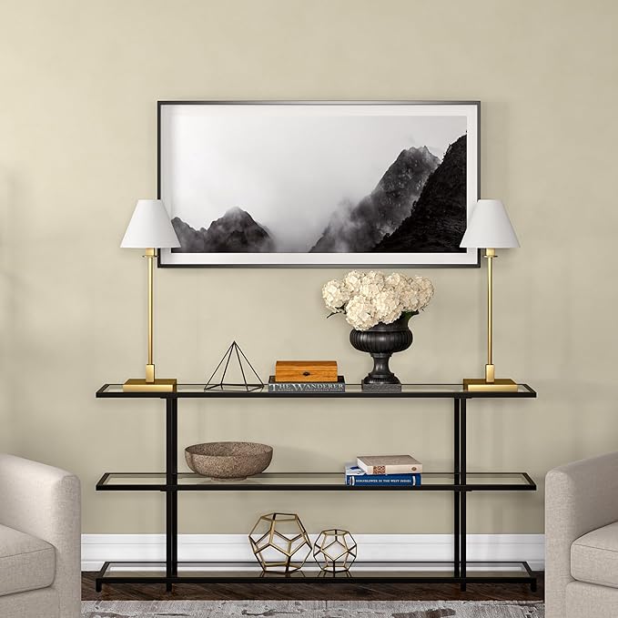 Henn&Hart 28'' Modern 1-Light Table Lamp with White Fabric Cone Shade for Dining Room, Living Room, or Office, Brass/White