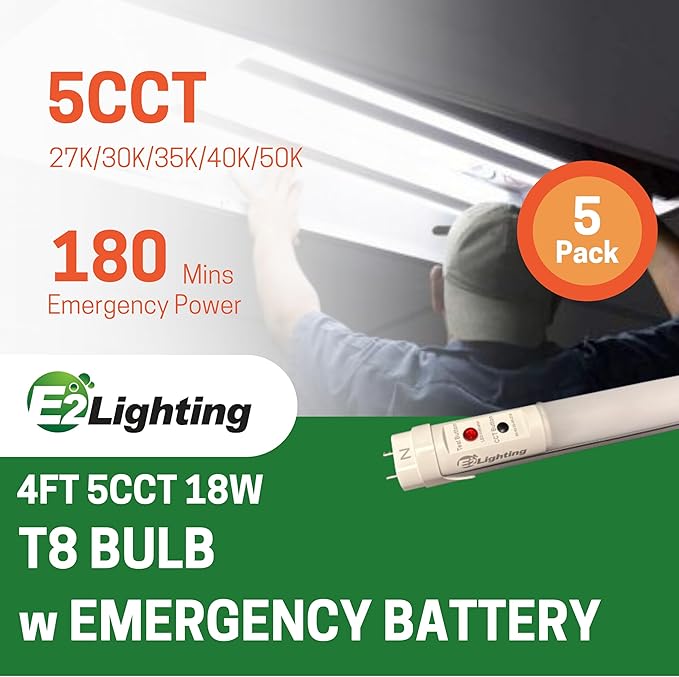 E2 LIGHTING 4ft T8 LED Bulbs, LED Fluorescent Tube Replacement 4ft, T8 LED with Emergency Battery, 5 CCT Tunable 27K-50K, 6W, 120-277V, Ideal for Office and Warehouse-5 Pack
