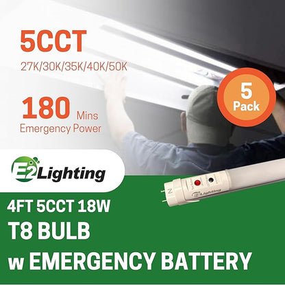 E2 LIGHTING 4ft T8 LED Bulbs, LED Fluorescent Tube Replacement 4ft, T8 LED with Emergency Battery, 5 CCT Tunable 27K-50K, 6W, 120-277V, Ideal for Office and Warehouse-5 Pack