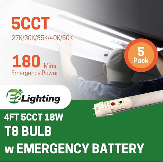 E2 LIGHTING 4ft T8 LED Bulbs, LED Fluorescent Tube Replacement 4ft, T8 LED with Emergency Battery, 5 CCT Tunable 27K-50K, 6W, 120-277V, Ideal for Office and Warehouse-5 Pack
