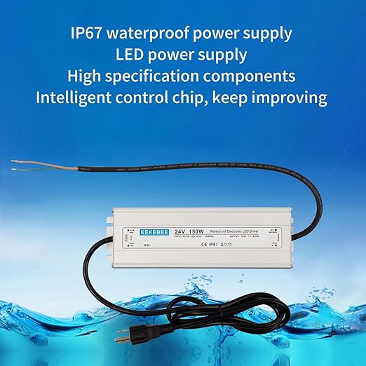 LED Driver 24V150W Waterproof IP67 Power Transformer AC90-130V to DC 24V6.25A Low Voltage Switching Power Supply with 3-pin US Standard Plug for Indoor and Outdoor LED Light Bars
