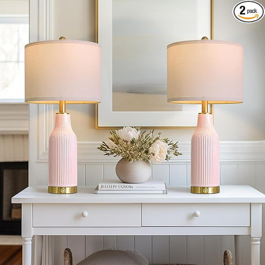 24.5" Modern 3-Way Dimmable Touch Control with USB A+C Ceramic Lamps Set of 2 Table Lamp for Living Room Bedroom Farmhouse Nightstand Bedside Pink
