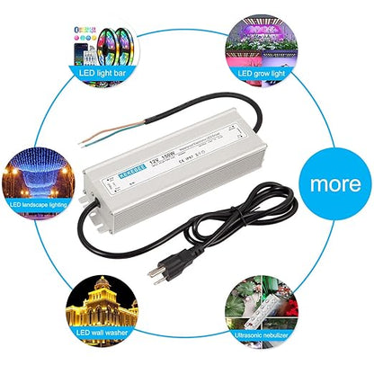 LED Driver 12V150W Waterproof IP67 Power Transformer AC90-130V to DC 12V12.5A Low Voltage Switching Power Supply with 3-pin US Plug for Indoor and Outdoor LED Light Strips and 12V DC Devices