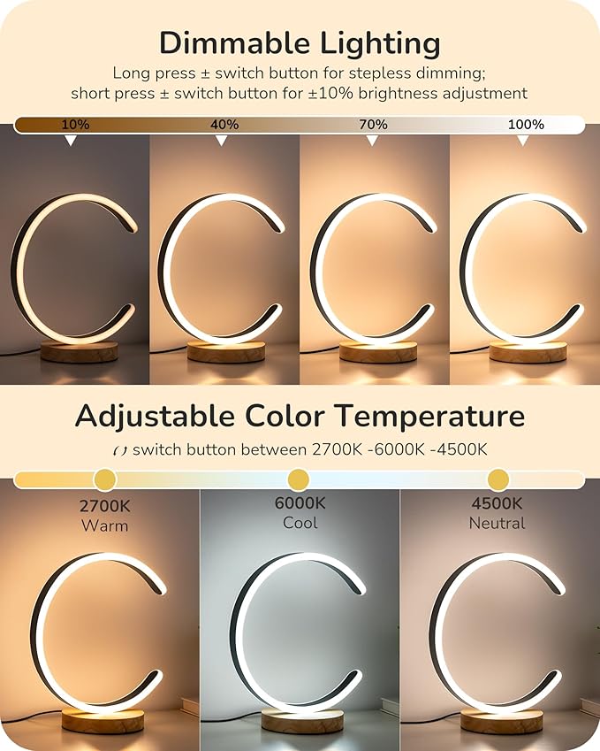 EDISHINE LED Table Lamp, C-Shaped Modern Lamps for Nightstand with 3 Color Temperature & Dimming, Upgraded Switch, Silicone Lampshade & Solid Wood Base, Bedside Lamp for Living Room, Bedroom, Black