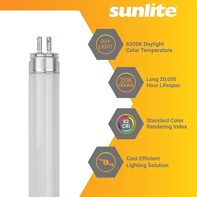 Sunlite 30345 F28T5/865 4 Foot T5 Linear Fluorescent Lamp, 28 Watts, 2500 Lumens, 6500K Daylight, Miniature G5 Bi-Pin Base, ROHS Compliant, High Performance Straight Tube, 40 Pack