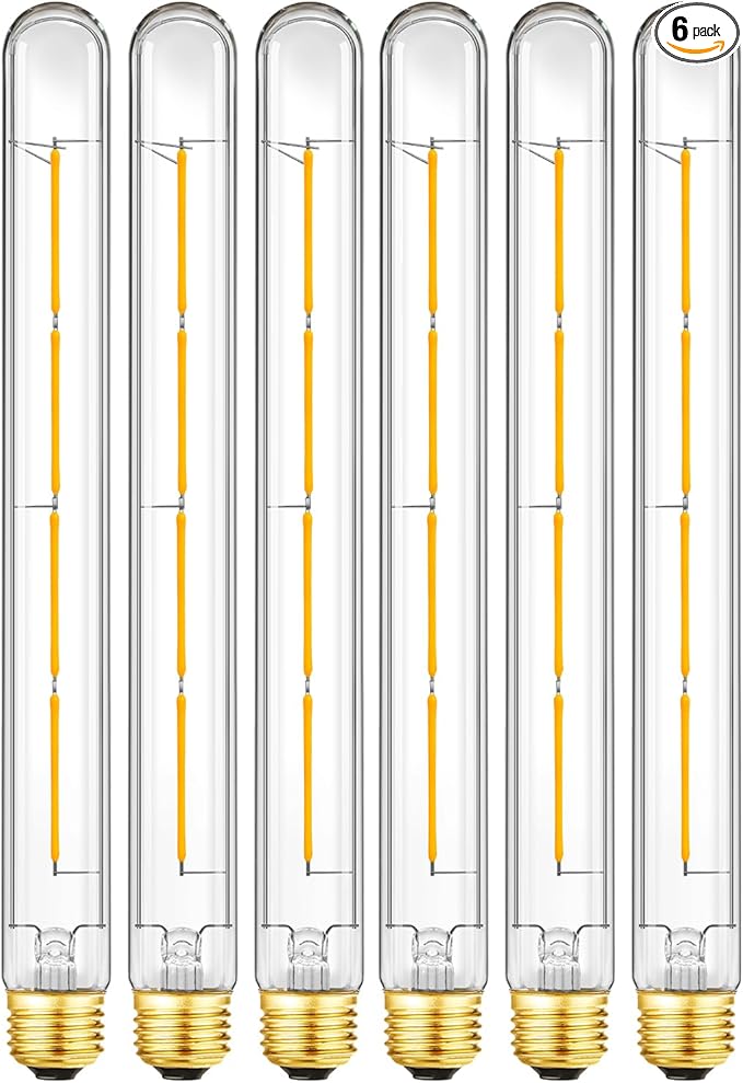 LED Tubular Light Bulbs,E26 Dimmable Long Led Bulbs,6W Equal 60 Watt, 3000K Soft White,11.8in Led Edison Tube Bulb,T10 Clear Glass Cover,6Pack.