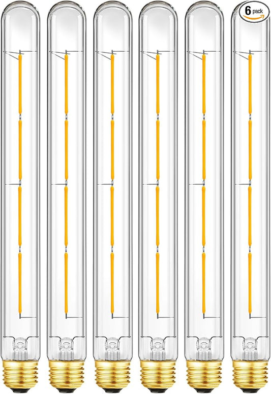 LED Tubular Light Bulbs,E26 Dimmable Long Led Bulbs,6W Equal 60 Watt, 3000K Soft White,11.8in Led Edison Tube Bulb,T10 Clear Glass Cover,6Pack.
