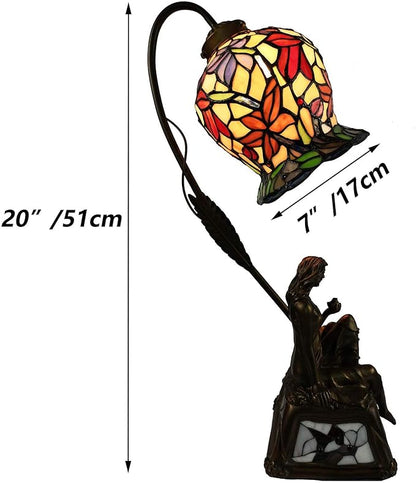 Bieye L10624 Lily Flower Tiffany Style Stained Glass Table Lamp with Girl Lamp Base for Living Room Bedside Home Decoration, 20 inches Tall