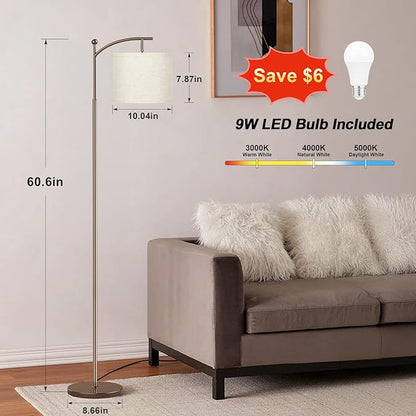 60" Floor Lamps for Living Room with 3 Color Temperatures, Adjustable Beige Shade with Brown Pole, Tall Lamps for Living Room Bedroom Office Classroom Dorm Room, 9W Bulb Included