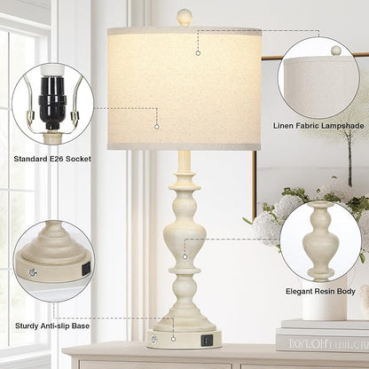 27" Farmhouse Table Lamps Set of 2, Vintage Bedside Lamps with USB A+C Charging Ports, 3-Way Dimmable Touch Control Traditional Nightstand Lamp for Living Room Beige (Bulbs Included)