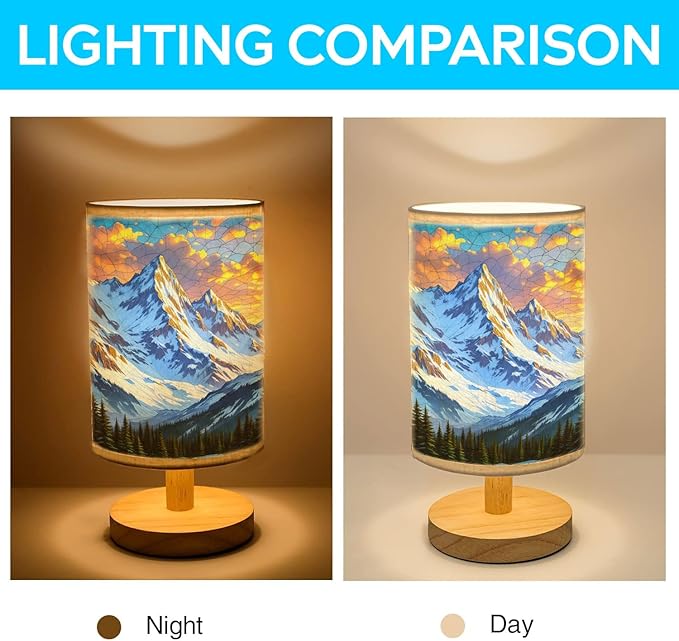 Majestic Snowy Mountain Table Lamp LED 3-Color Pressed Bedside, Majestic Snowy Mountain Shade Lamp with Wood Base for Bedroom Living Room Desk Office TL01