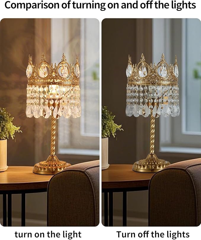 Vintage Gold Crown Shape Crystal Table Lamp for Living Room, Small Bedside Nightstand Lamp for Bedroom, Decorative Farmhouse Table Lamp Desk Lamp for Kitchen Dining Room Home Office