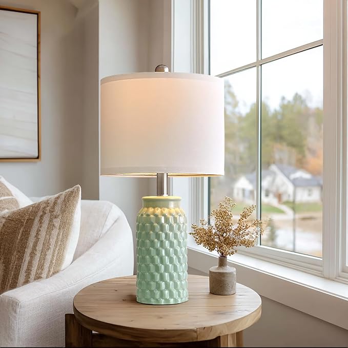 20.5" Set of 2 Bedside Table Lamps Modern Green Honeycomb Ceramic - Linen Shade, E26 Knob Switch for Living Room, Bedroom & Nightstand