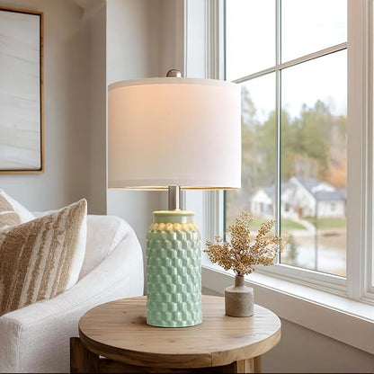 20.5" Set of 2 Bedside Table Lamps Modern Green Honeycomb Ceramic - Linen Shade, E26 Knob Switch for Living Room, Bedroom & Nightstand