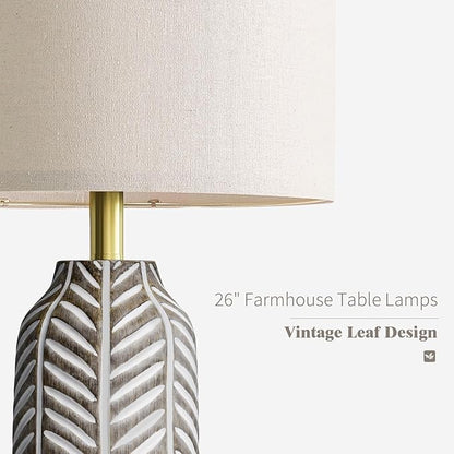 BOBOMOMO 26" Retro Farmhouse Lamps Set of 2 - Vintage Leaf Design, Living Room Lamps with Linen Shades, Rustic Resin Lamp for Bedroom, Living Room, Nightstand, Entryway, Nursery, Wood Grain