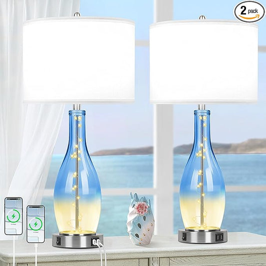 BesLowe 26in Tall Glass Table Lamps Set of 2 with 2 USB Charging Ports & LED Nightlight, Large Coastal Table Lamps for Living Room End Table, Modern Beach Lamps for Bedroom Bedside Nightstand, Blue