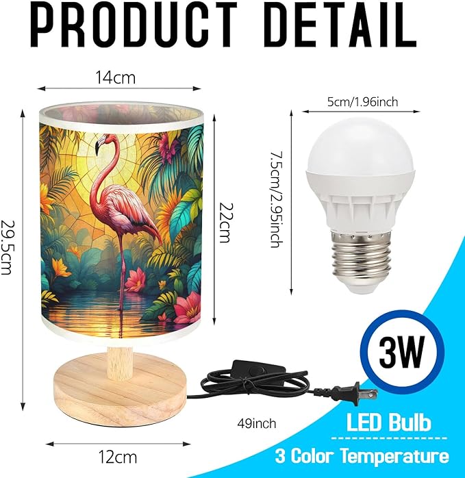 Flamingo Table Lamp LED 3-Color Pressed Bedside, Flamingo Shade Lamp with Wood Base for Bedroom Living Room Desk Office TL01