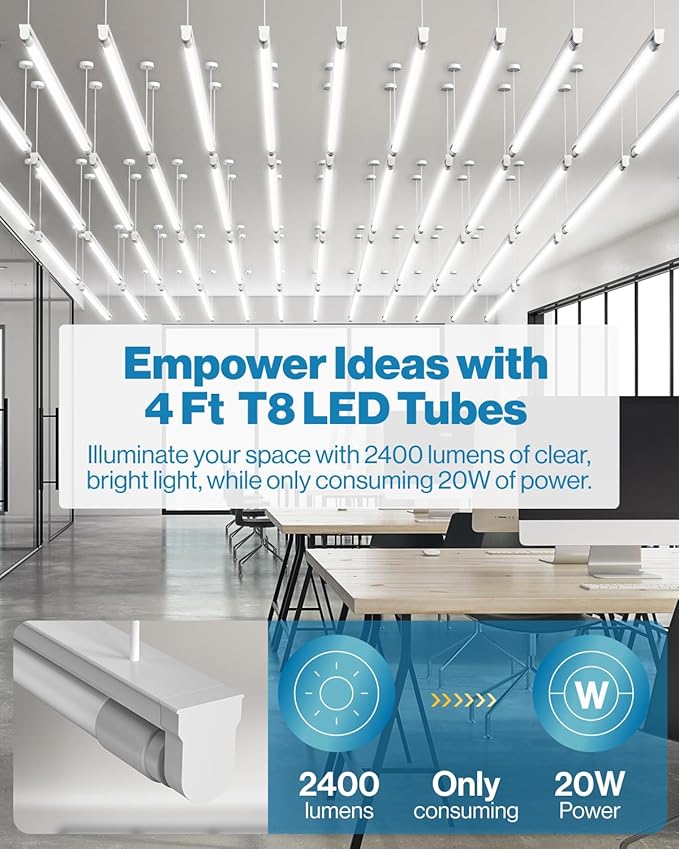 Sunco 150 Pack T8 LED Bulbs 4 Foot, 48 Inch Tube Light Bulbs Fluorescent Replacement, Single or Double Ended Hybrid Type A+B, 2400 LM, 20W, 5000K Daylight, Frosted Lens ETL