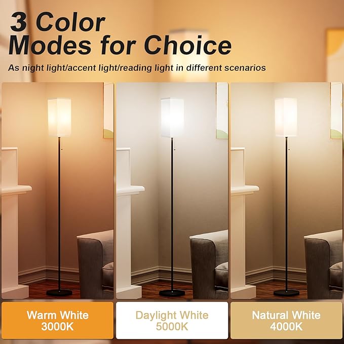 Floor Lamps for Living Room, Modern Standing Lamp with Pull Chain Switch, 3 Color Temperature Black Pole Lamp with Lampshade, 9W LED Bulb Tall Lamps for Bedroom Office Kid Room