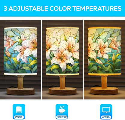 Lilies Table Lamp LED 3-Color Pressed Bedside, Lilies Shade Lamp with Wood Base for Bedroom Living Room Desk Office TL01