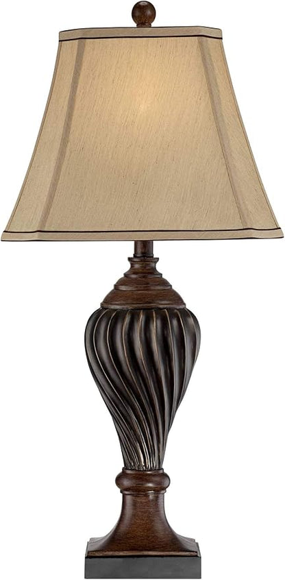 Regency Hill Traditional Style Table Lamp 28.5" Tall Carved Two Tone Brown Urn Shaped Ball Beige Fabric Rectangular Shade for Living Room Bedroom House Bedside Nightstand Home Office