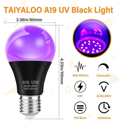 TAIYALOO LED Black Light Bulbs,Halloween 12W A19 UV Blacklight,100 Watt Equivalent,UVA Level 385-400nm Wavelength,Glow in The Dark for Glow in Dark,Body Paint Fluorescent Poster Glow Party,2 Pack
