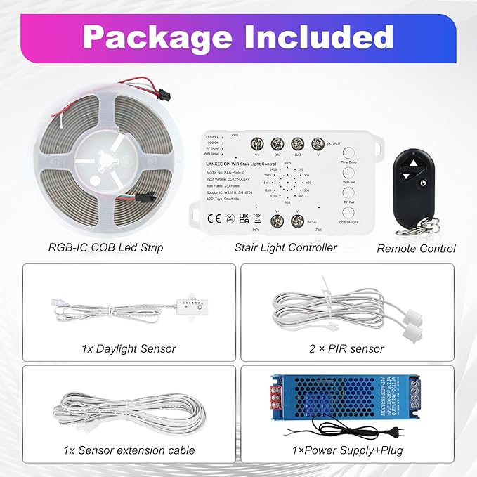 Motion Sensor RGB Stair Light Kit, 5m(16.4ft) Smart WiFi SPI Stair Wall Lighting with PIR & Daylight Sensors, Tuya App Control, Addressable COB LED Strip for Indoor Staircase Handrail Wall Stairway
