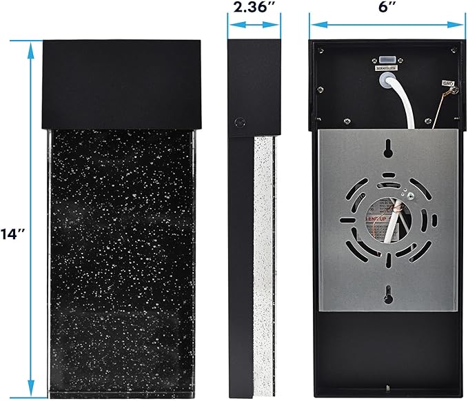 LUXRITE 14-Inch LED Wall Sconce Outdoor Light, 3CCT Selectable 3000K/4000K/5000K, 2000LM, 120V, 20W, IP65 Waterproof, Modern Bubble Glass Light Fixture, ETL Listed, Black